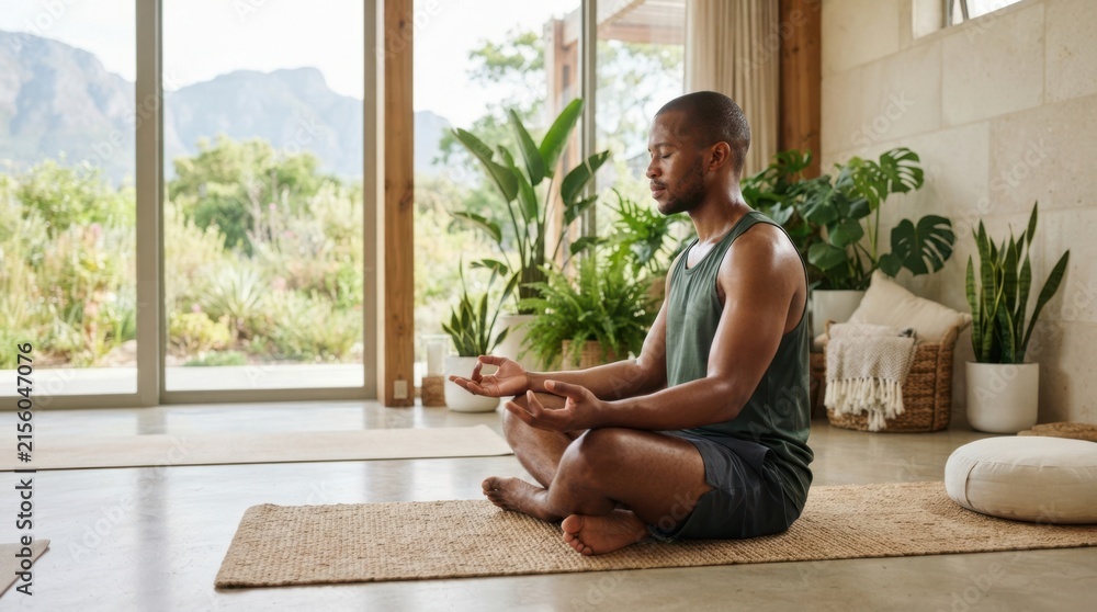 Fototapeta premium Man meditating peacefully in a bright room with lush green plants and mountain views