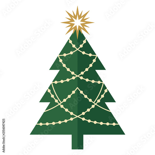 Flat green christmas tree with gold star and string lights green tree flat holiday celebration winter