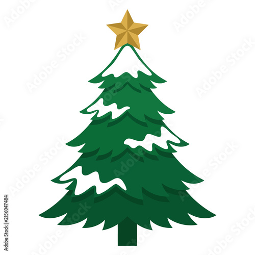 Green christmas tree with snow and gold star on white background