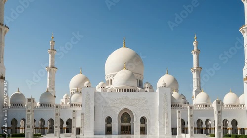 The majestic Sheikh Zayed Grand Mosque showcases incredible Arabian architectural heritage under a brilliant clear blue sky during a sunny day in the capital city of Abu Dhabi within the United