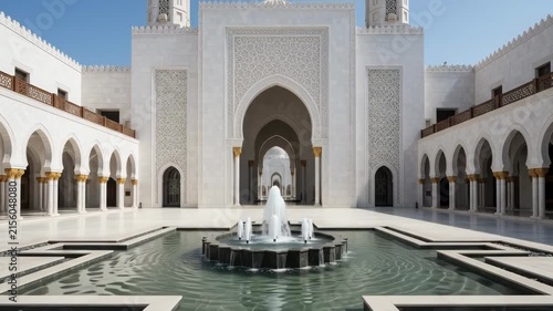 A refreshing water fountain flows gracefully within the expansive courtyard of the iconic Sheikh Zayed Grand Mosque in Abu Dhabi, showcasing magnificent Islamic architecture under a bright sunny