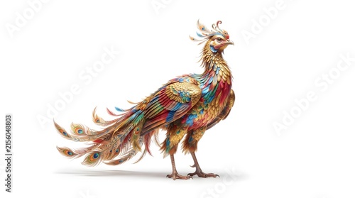 Stunning colorful mythical phoenix bird standing on white background.