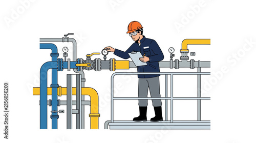 Industrial worker inspecting pipes and gauges in plant, isolated on transparent background
