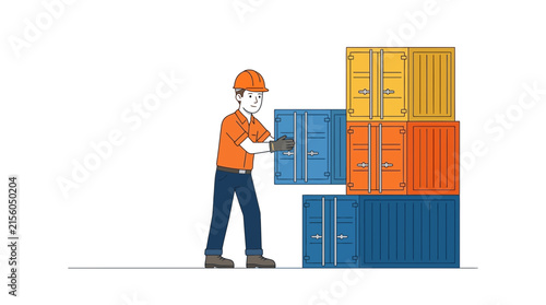 Logistics worker stacking shipping containers, isolated on white background