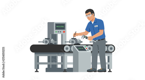 Manufacturing worker inspects parts on assembly line using caliper