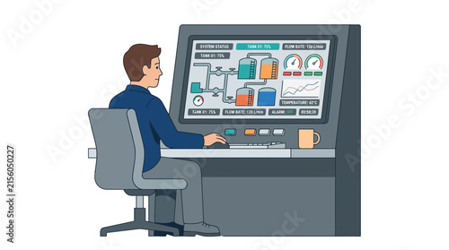 Operator Monitoring Industrial Process on Control Panel Screen