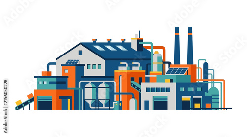 Modern Industrial Factory Building with Solar Panels and Conveyor Belt