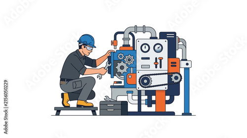 Mechanic Repairing Industrial Machine with Tools, Technician at Work