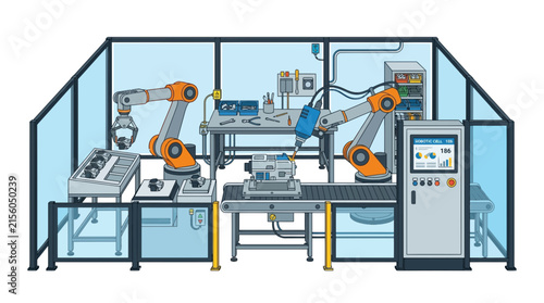 Robotic Arms Assembly Line in Factory