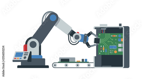 Robotic Arm Assembling Circuit Board in Automated Factory Line