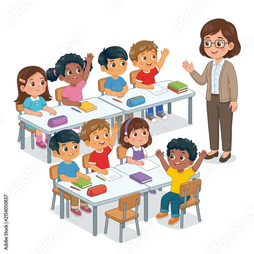 Happy children raising hands in classroom with attentive teacher illustration.
