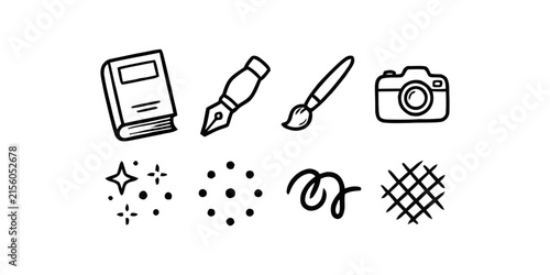 Creative Hobbies Line Icons Set featuring Book Fountain Pen Paintbrush Camera and Abstract Doodle Sparkle Vector Elements