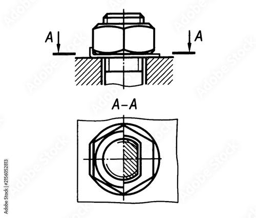Bolted connections with thread, nuts isolated on white background. Engineering construction cad drawing of mechanical 
parts (steel bolt). Computer technic design on paper sheet.