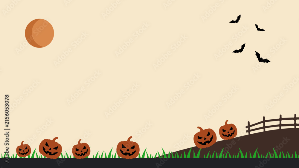 Fototapeta premium Halloween Background with Pumpkins, Moon, Bats and Wooden Fence on Beige Backdrop