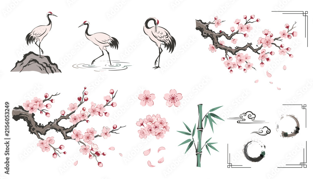 Naklejka premium Traditional Japanese Style Vector Set Featuring Red Crowned Cranes Cherry Blossom Sakura Branches Green Bamboo and Zen Ink Brush Strokes for Oriental Graphic Designs
