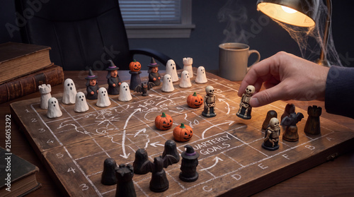 Halloween Business Strategy Board with Ghosts Witches Pumpkins and Skeletons