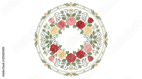 Circular Floral Rose Wreath Border Design Isolated