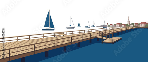 Wooden Pier with Sailboats and Coastal Town Skyline