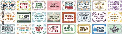 Collection of Vintage Style Discount Coupons, Vouchers, and Offers on Transparent Background