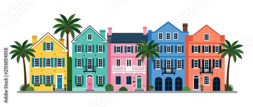 Colorful Row Houses with Palm Trees Isolated