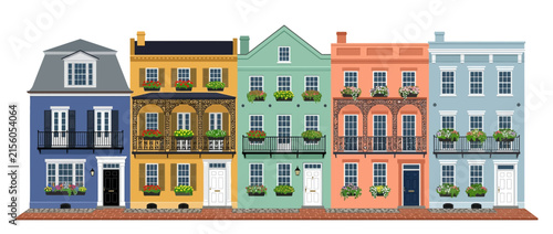 Colorful Row Houses with Balconies and Flower Boxes, Isolated