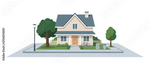 Cozy Cartoon House Scene with Bicycle, Tree, and Lamp Post