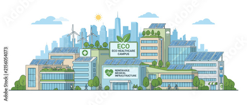 Eco Healthcare Campus Cityscape with Solar Panels and Wind Turbines