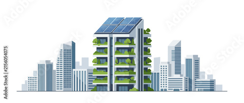 Eco Cityscape with Green Building, Solar Panels, and Modern Architecture