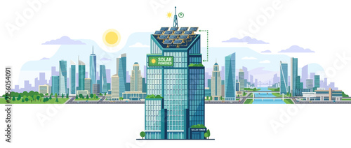 Eco City Skyline with Solar Powered Skyscraper, Green Energy Concept