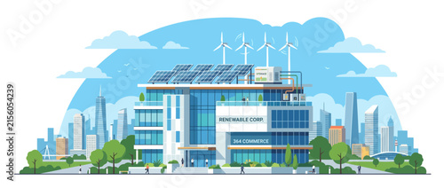 Sustainable building with solar panels and wind turbines in a modern city