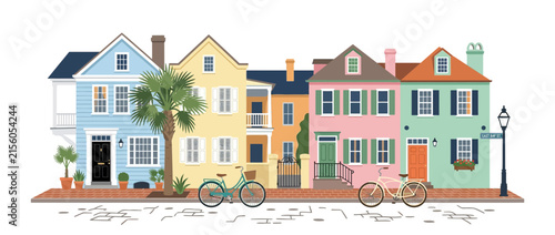 Colorful Row Houses with Bicycles and Palm Tree, Charming Street Scene