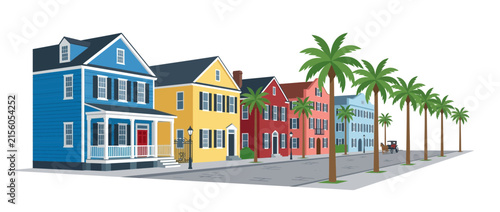 Colorful Row Houses and Palm Trees on Street, Vintage Car