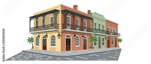 Colorful Historic Buildings with Balconies and Palm Trees - Isolated