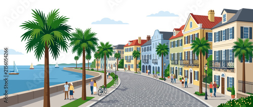 Colorful Coastal Town Street with Palm Trees and Sailboats