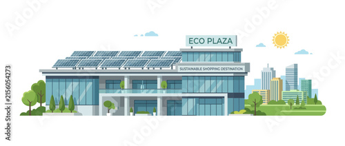 Eco Plaza Sustainable Shopping Destination with Solar Panels and Cityscape
