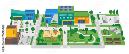 Community Center with Park, Playground, Skatepark, and Urban Garden