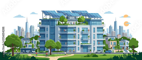 Eco-friendly urban apartment building with solar panels and green spaces
