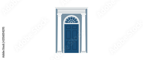 Elegant Blue Door with Transom Window and Classical Columns Isolated