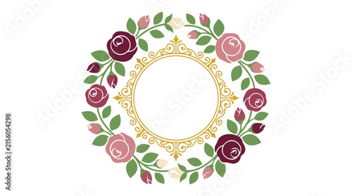 Floral Wreath with Ornate Golden Frame and Copy Space