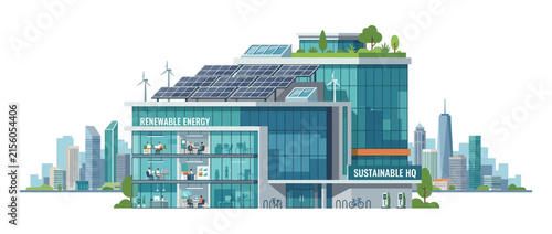 Sustainable Office Building with Solar Panels and Wind Turbines