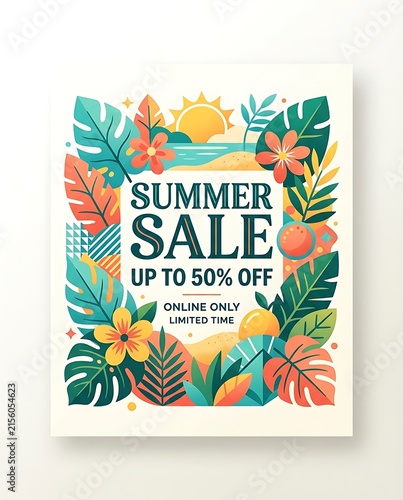 Tropical summer sale banner with exotic leaves and beach landscape
