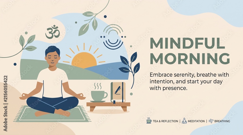 Fototapeta premium Man meditating at sunrise with tea and journal. Promotes mental health, serenity, and intentional living. Ideal for wellness blogs, social media, or health apps.