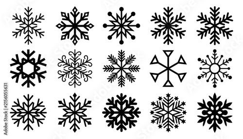 Snowflake vector silhouette set with geometric winter crystal shapes for christmas seasonal decoration frozen ice design elements isolated on white background