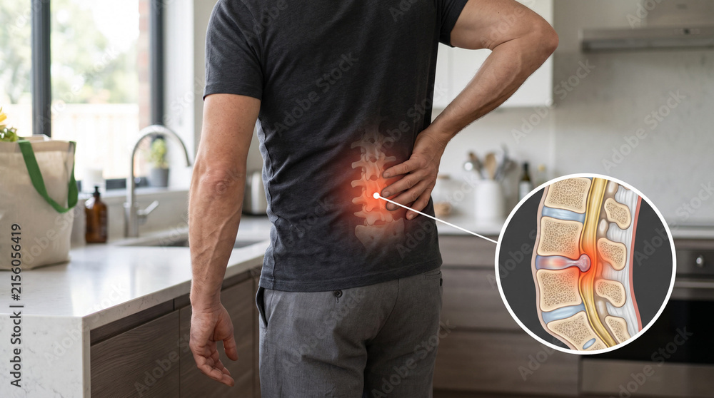 Obraz premium Lower back pain with lumbar disc herniation and spinal anatomy illustration