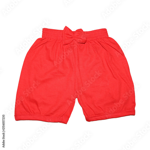 Red baby shorts with bow detail isolated on white studio lighting