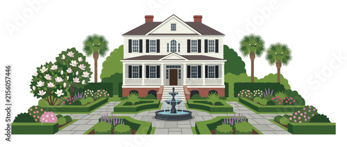 Photography Southern Plantation House with Formal Garden and Fountain