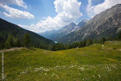Obraz na plátně A view of the upper Antholz Valley with Lake Antholz.