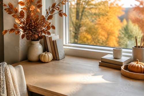 A warm, autumnal indoor scene featuring a vase of dried leaves, books, and pumpkins on a wooden table by a bright window overlooking fall foliage.