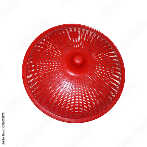 Red plastic colander lid with textured surface and central handle for kitchen use