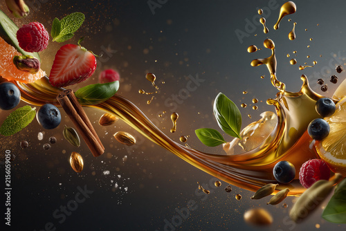 High-quality food illustration, wide panoramic composition for a food blog cover. Splashes of olive oil and a ribbon of honey curving across the frame with suspended droplets; one strawberry half, two